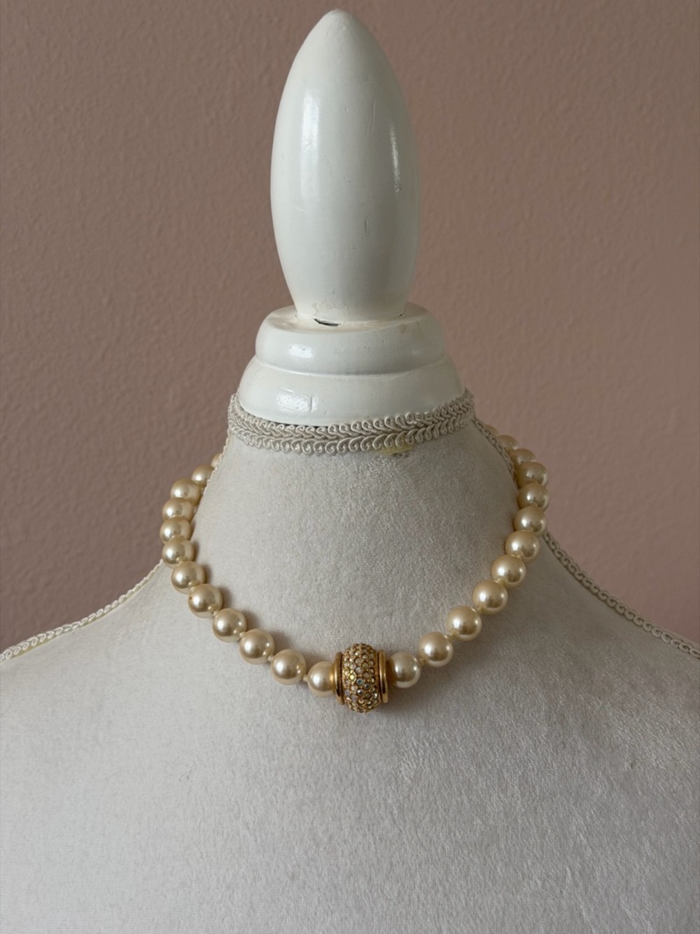Vintage Faux Pearl & Rhinestone Rondelle Choker Necklace